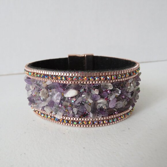 Natural Amethyst Chips Rhinestones Suede Leather Magnetic Clasp Bracelet - Picture 1 of 15